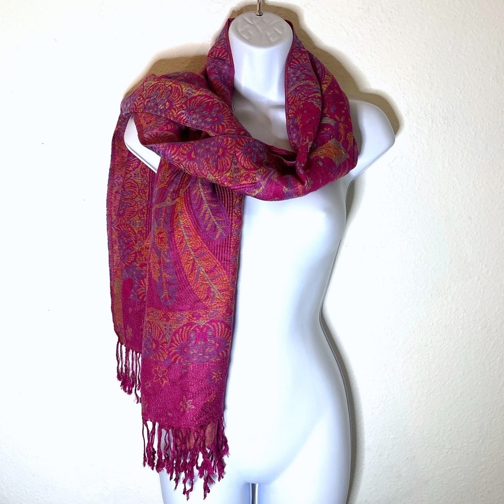 100% Pashmina Scarf Pink Purple Paisley Boho Mermaid Whimsy Artsy Barbie Indie